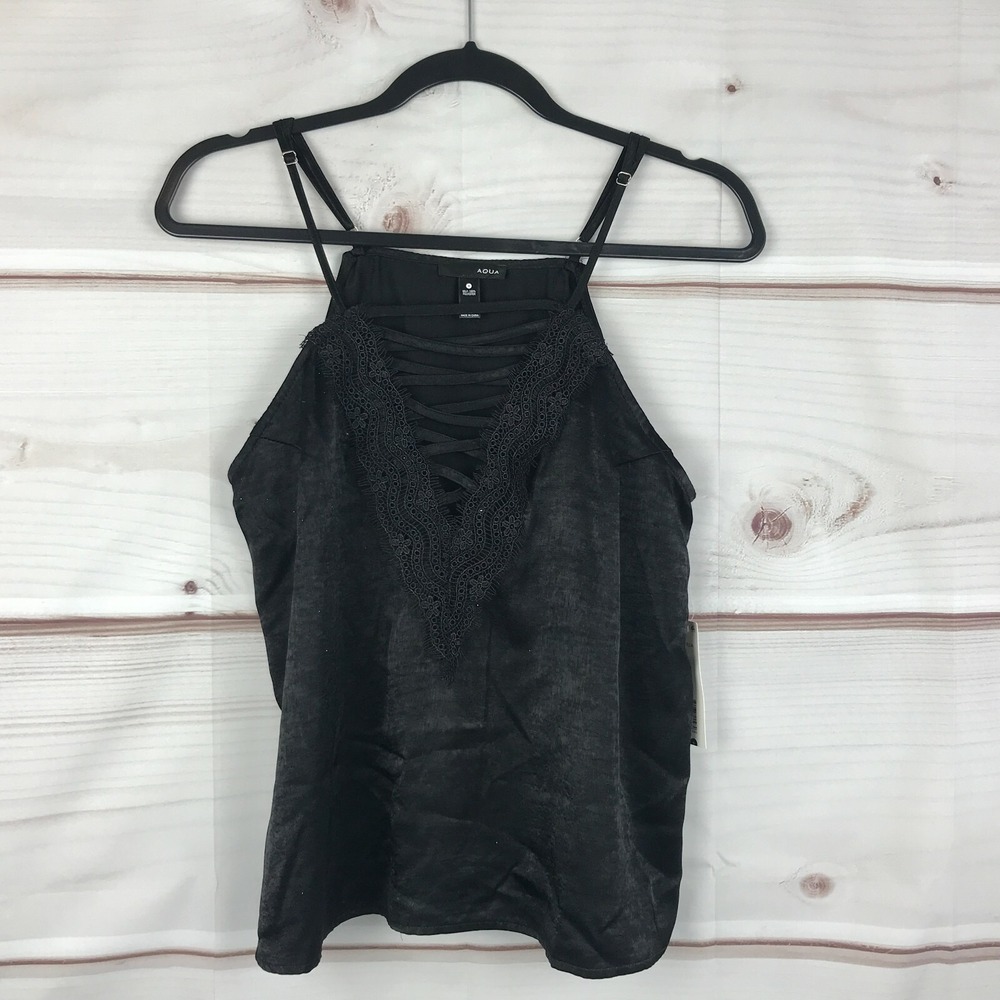 Aqua Top Womens Small Black Satin Tank Cami Strappy Neck Spaghetti‎ Straps Woven